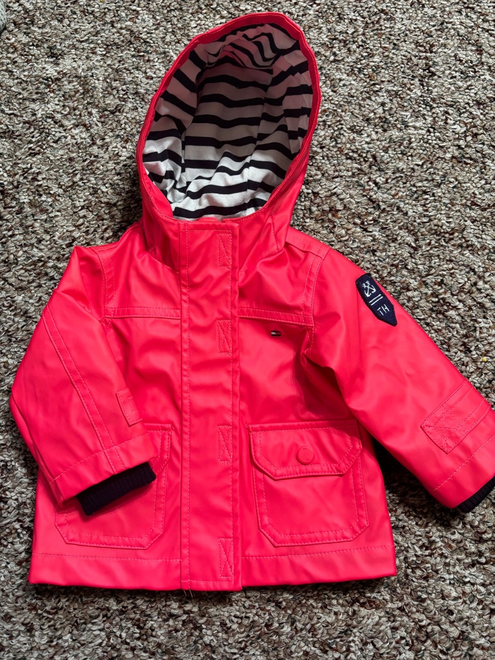 Tommy Hilfiger Neon Coral Hooded Jacket with Striped Lining and ribbed cuffs
